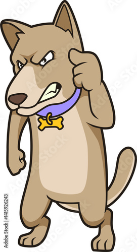 Entschlossener Hund mit Pfote an der Stirn, ernster Blick, Comic-Charakter.
