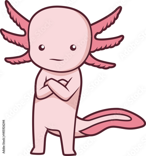 Lustiger Axolotl mit verschränkten Armen in aufrechter Pose, Cartoon-Stil, rosa Farben, niedlicher Ausdruck.
