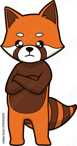 Roter Panda mit verschränkten Armen und ernstem Blick im niedlichen Comic-Stil.
