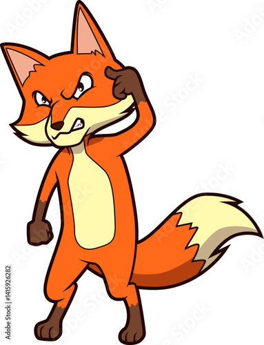 Listiger Fuchs mit Hand an der Stirn, wacher Blick, cartoonhafte Darstellung.
