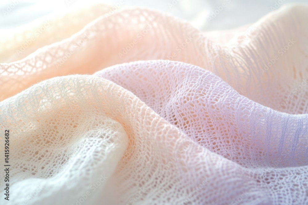 Obraz premium Soft, pastel-colored knitted fabric with delicate lace pattern, draped beautifully.