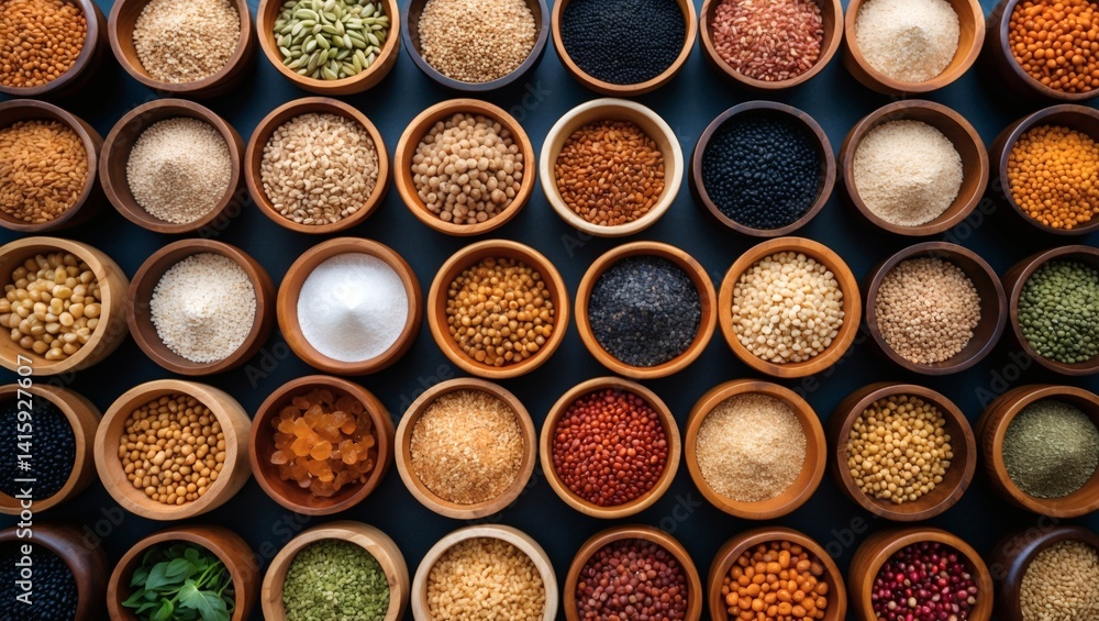 Colorful array of spices in bowls arranged neatly on a dark surface Generative AI Colorful array of spices in bowls arranged neatly on a dark surface Generative AI