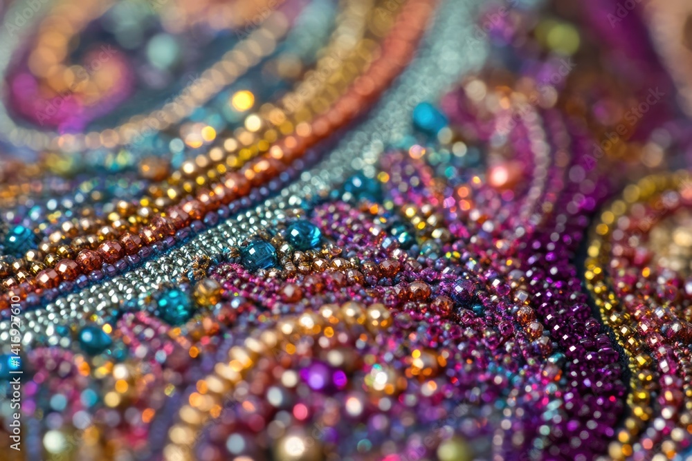 Close-up view of vibrant multicolored beads arranged in swirling patterns, creating a dazzling, textured surface.