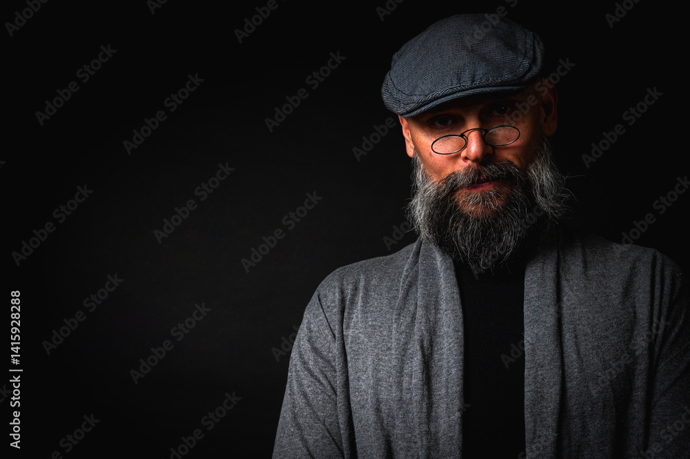 Close-up portrait of a serious bearded man in flat cap and glasses on black background. Stylish, intense look with confident and mysterious expression