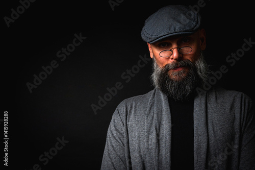 Obraz na płótnie Close-up portrait of a serious bearded man in flat cap and glasses on black background. Stylish, intense look with confident and mysterious expression w salonie