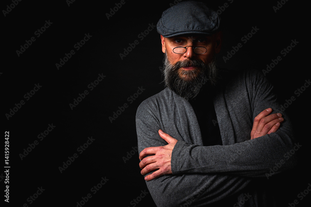 Close-up portrait of a serious bearded man in flat cap and glasses on black background. Stylish, intense look with confident and mysterious expression