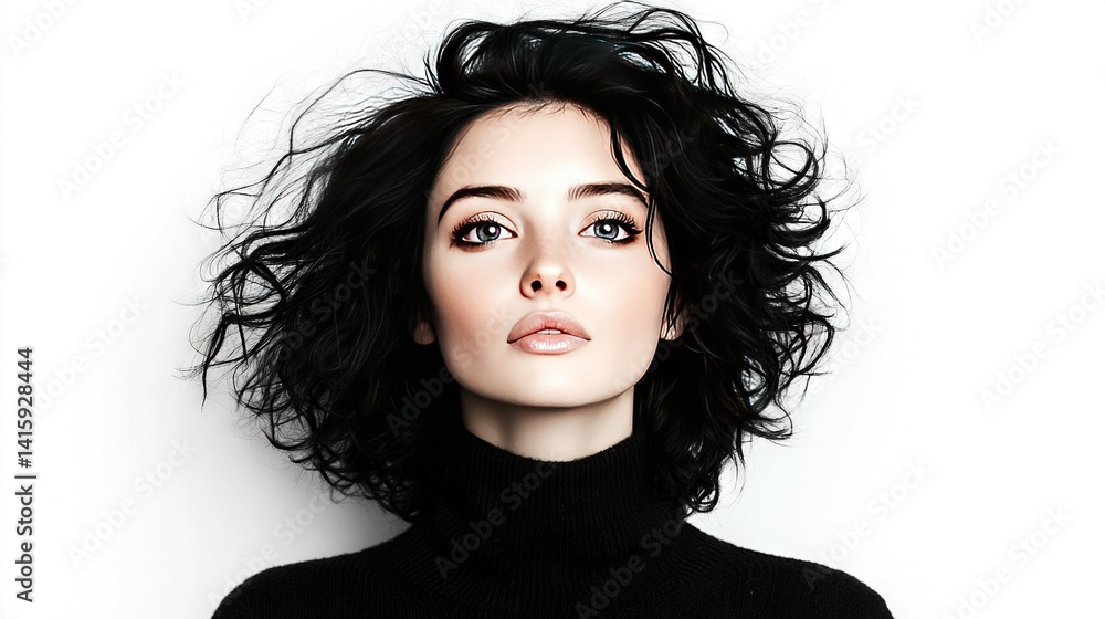 Naklejka premium A woman's face appears closely as she wears a black turtleneck and her hair dances in the wind