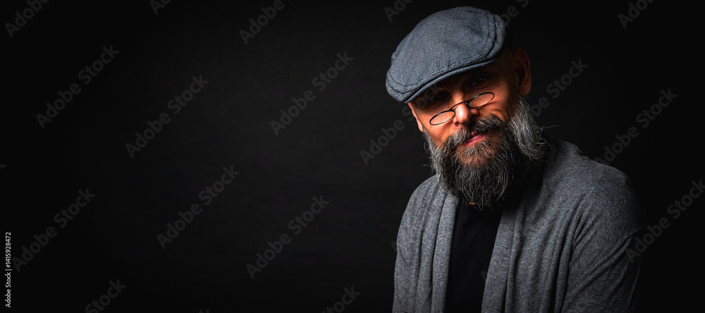Close-up portrait of a serious bearded man in flat cap and glasses on black background. Stylish, intense look with confident and mysterious expression