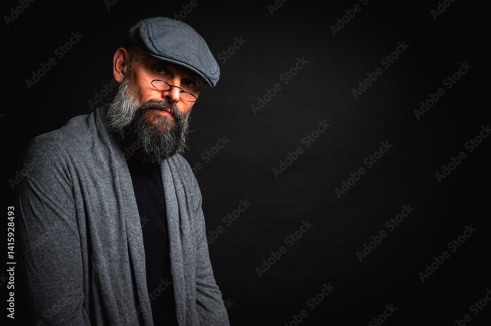 emotional, macro portrait of a serious bearded man in a cap and glasses on a black background. Stylish, intense look with a confident and mysterious expression, emotions place for inscription on a bil