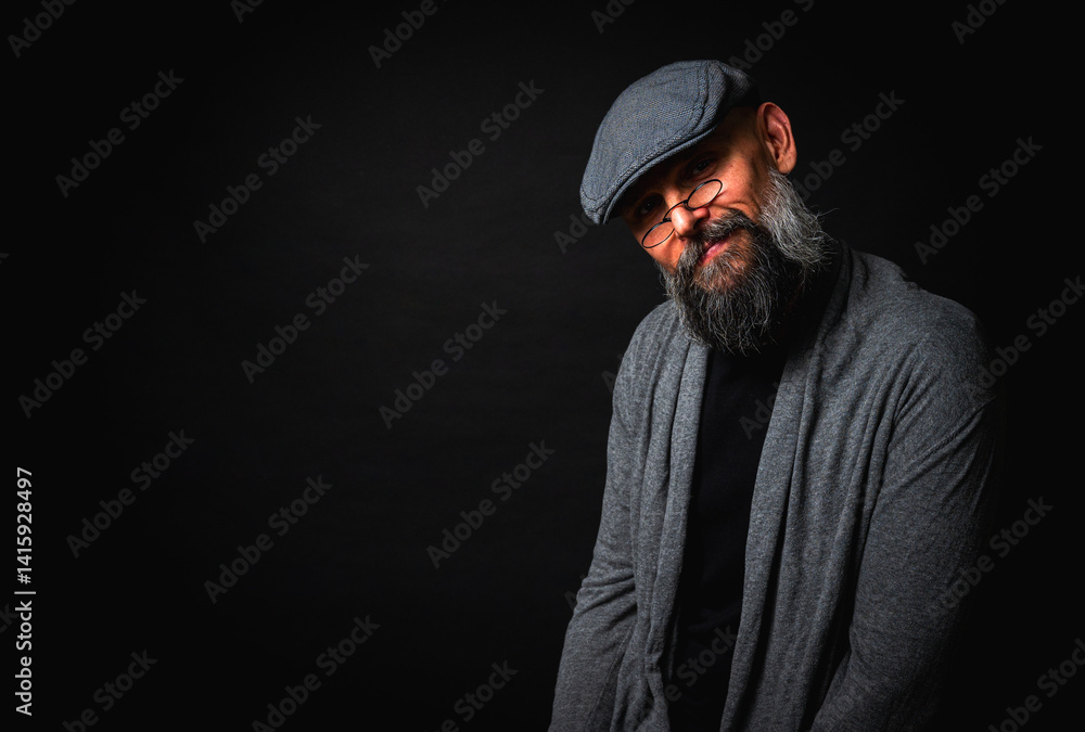 Close-up portrait of a serious bearded man in flat cap and glasses on black background. Stylish, intense look with confident and mysterious expression