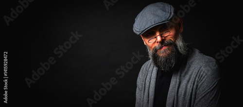 Obraz na płótnie Close-up portrait of a serious bearded man in flat cap and glasses on black background. Stylish, intense look with confident and mysterious expression w salonie
