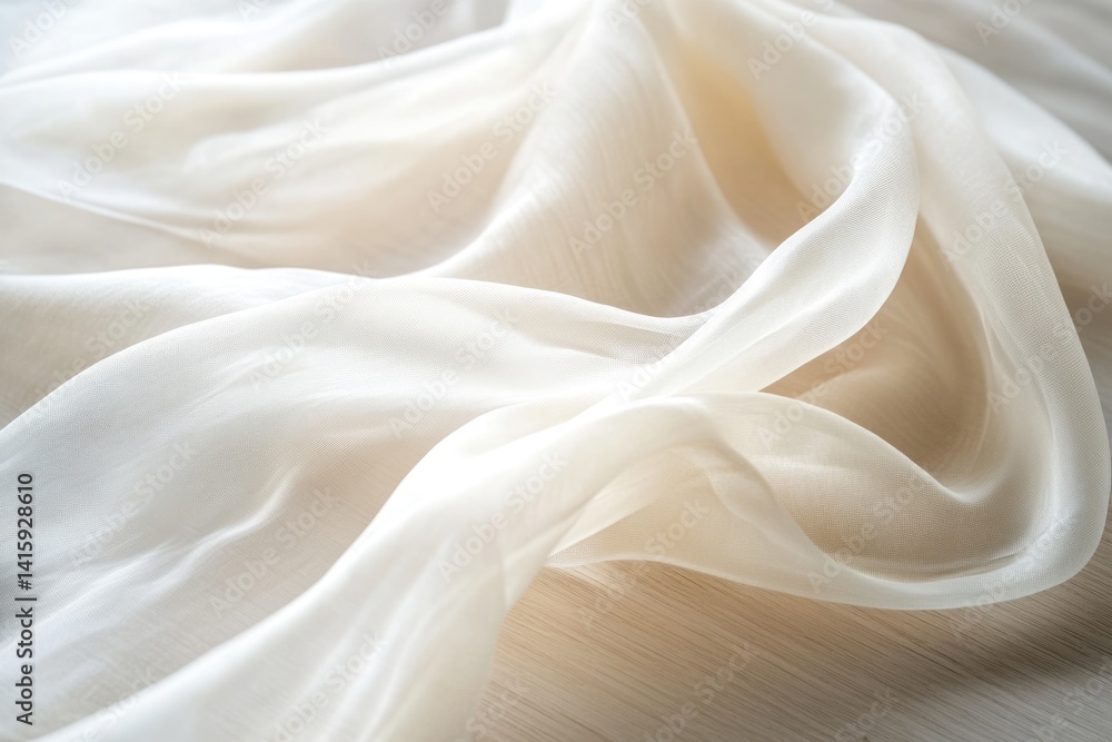 Draped off-white sheer fabric with soft folds and gentle texture. Draped off-white sheer fabric with soft folds and gentle texture.