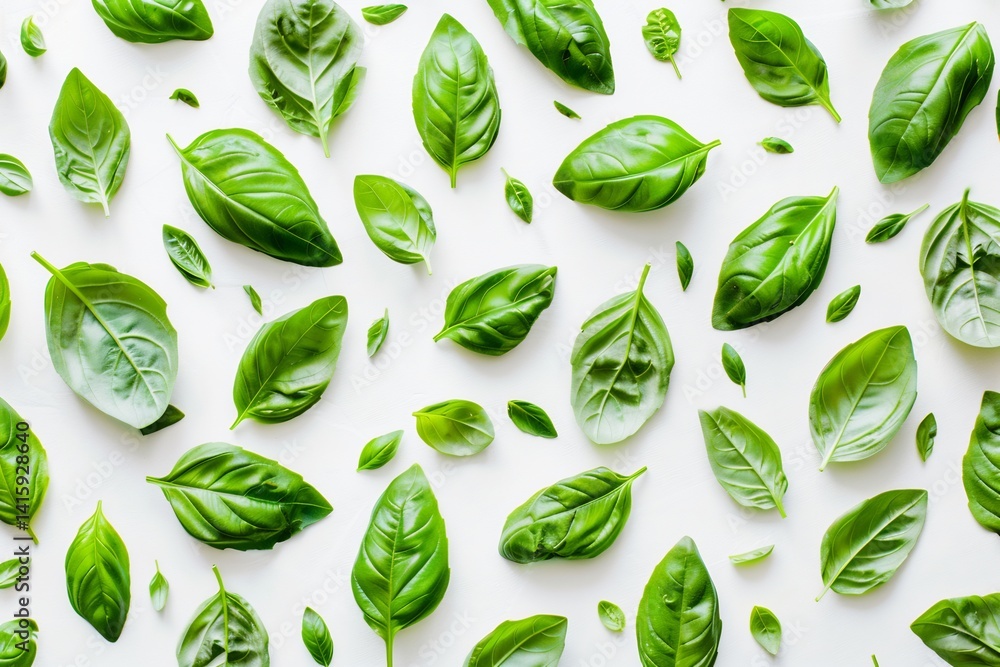 Fresh basil leaves vibrant green herbs arranged neatly isolated a white background for food stock photography Fresh basil leaves vibrant green herbs arranged neatly isolated a white background for food stock photography
