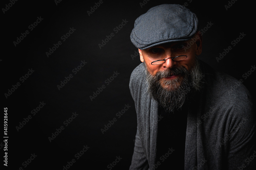 emotional, macro portrait of a serious bearded man in a cap and glasses on a black background. Stylish, intense look with a confident and mysterious expression, emotions place for inscription on a bil