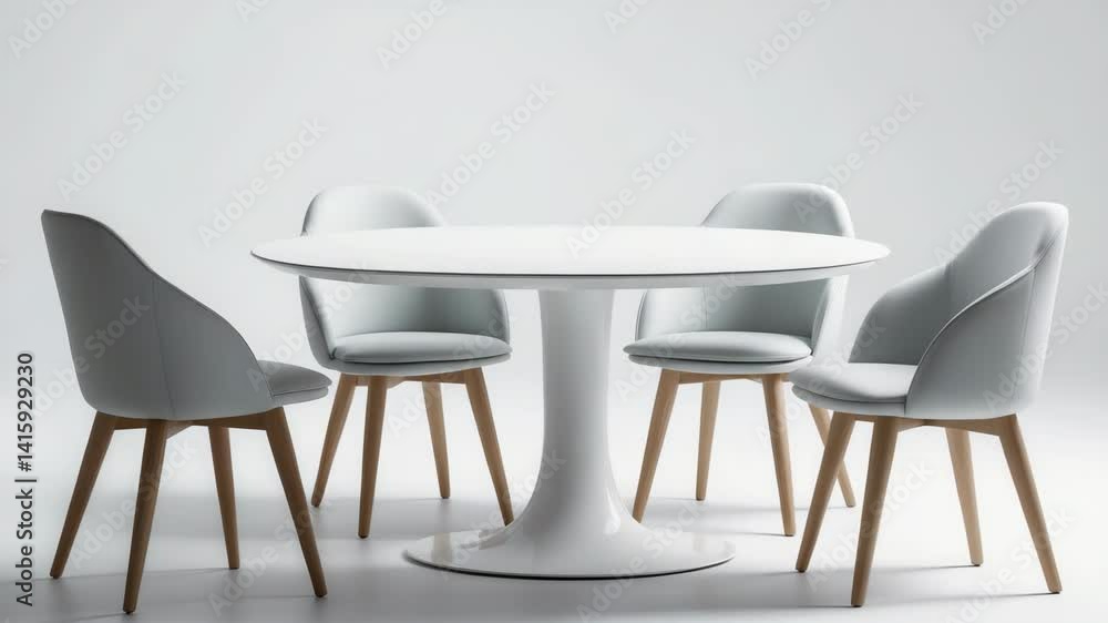 Round white table accompanied by three chairs positioned against a white backdrop. Round white table accompanied by three chairs positioned against a white backdrop.