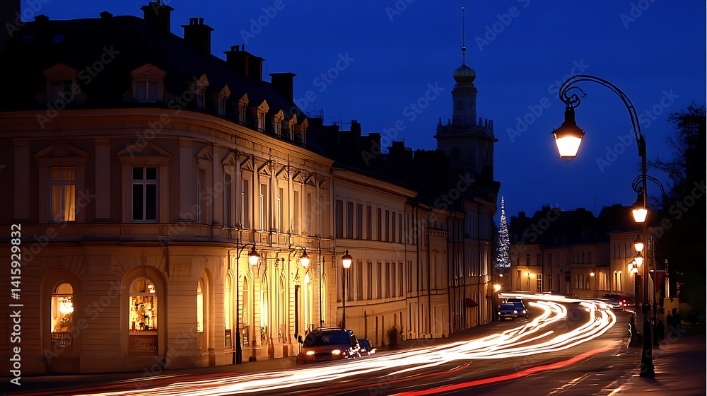 Fototapeta premium Night street scene, curving road, historic buildings