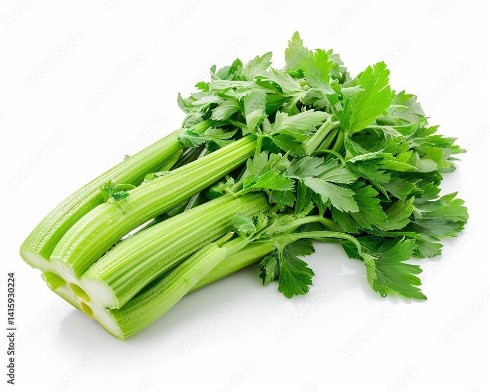 Fresh celery sticks crisp texture bright green color isolated on a clean white background for stock photography Fresh celery sticks crisp texture bright green color isolated on a clean white background for stock photography