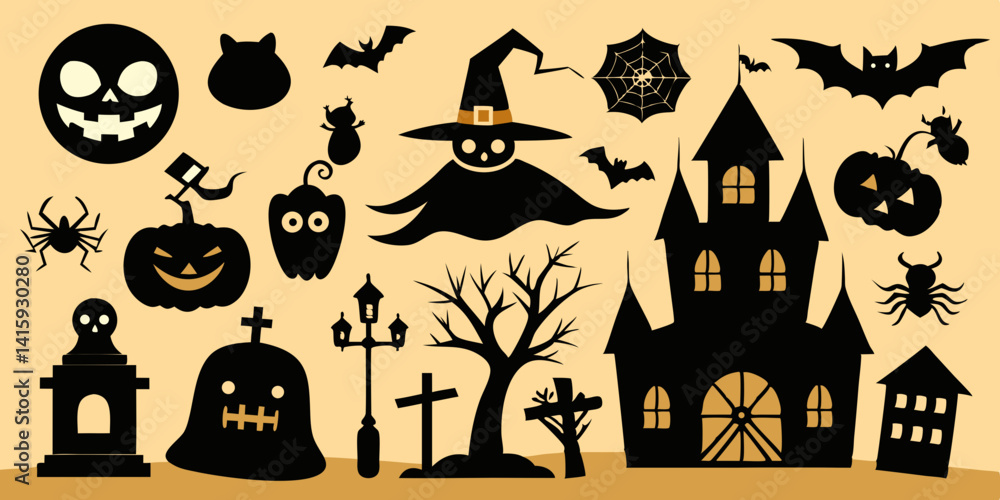 Obraz premium Spooky Halloween Silhouette Vector Graphic Elements Design For Creepy Decorations