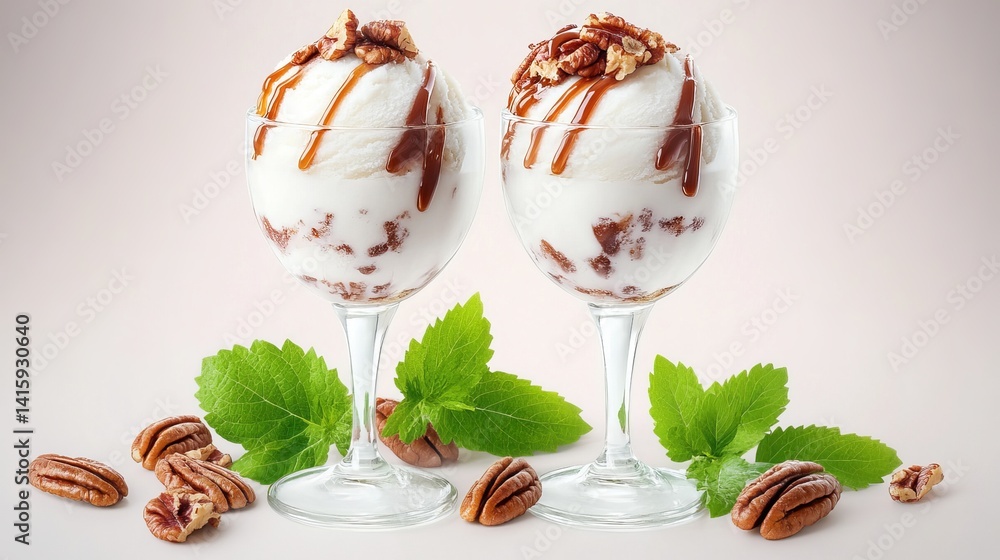 Two pecan ice cream sundaes are sitting on a surface decorated with fresh mint leaves and scattered pecans. Two pecan ice cream sundaes are sitting on a surface decorated with fresh mint leaves and scattered pecans.