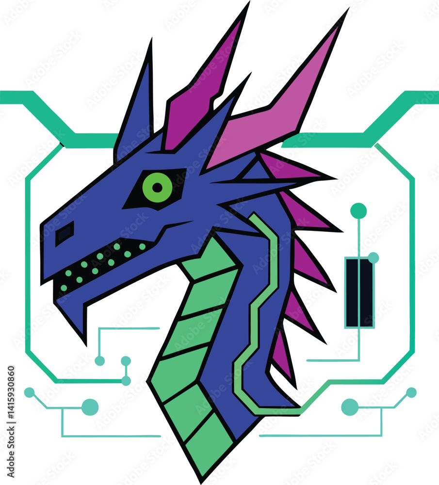 Futuristic Cyber Dragon Head Vector Illustration with Neon Tech Design Futuristic Cyber Dragon Head Vector Illustration with Neon Tech Design
