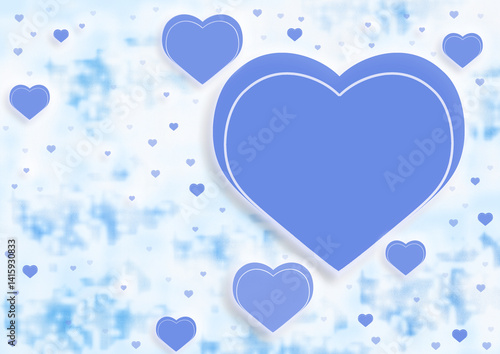 Abstract blue background with hearts of different sizes and blurriness. Big heart with space for text or photo.