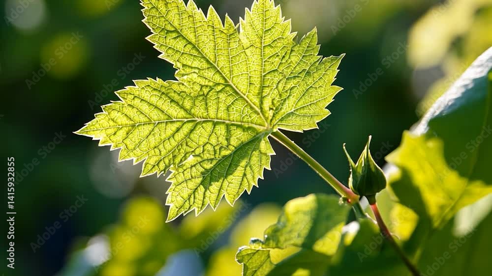Close-up vibrant grape leaf, sunlight highlights veins, vineyard background Close-up vibrant grape leaf, sunlight highlights veins, vineyard background