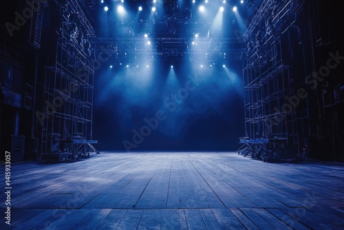 Empty stage with blue lighting, wooden floor, and metal scaffolding; ready for a performance.