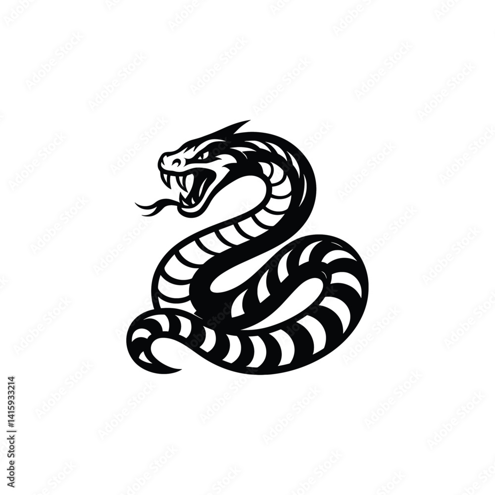 Fototapeta premium Aggressive Snake Tattoo Design - Black and White Illustration, drawn in an engraved, woodcut style with fine details sketch engraving vector illustration. Scratch board imitation. Black and white imag