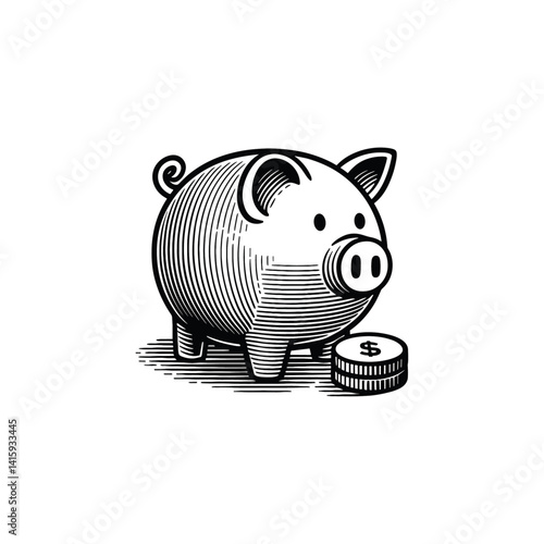 Vintage Piggy Bank Illustration - Black and White Line Art, drawn in an engraved, woodcut style with fine details sketch engraving vector illustration. Scratch board imitation. Black and white image