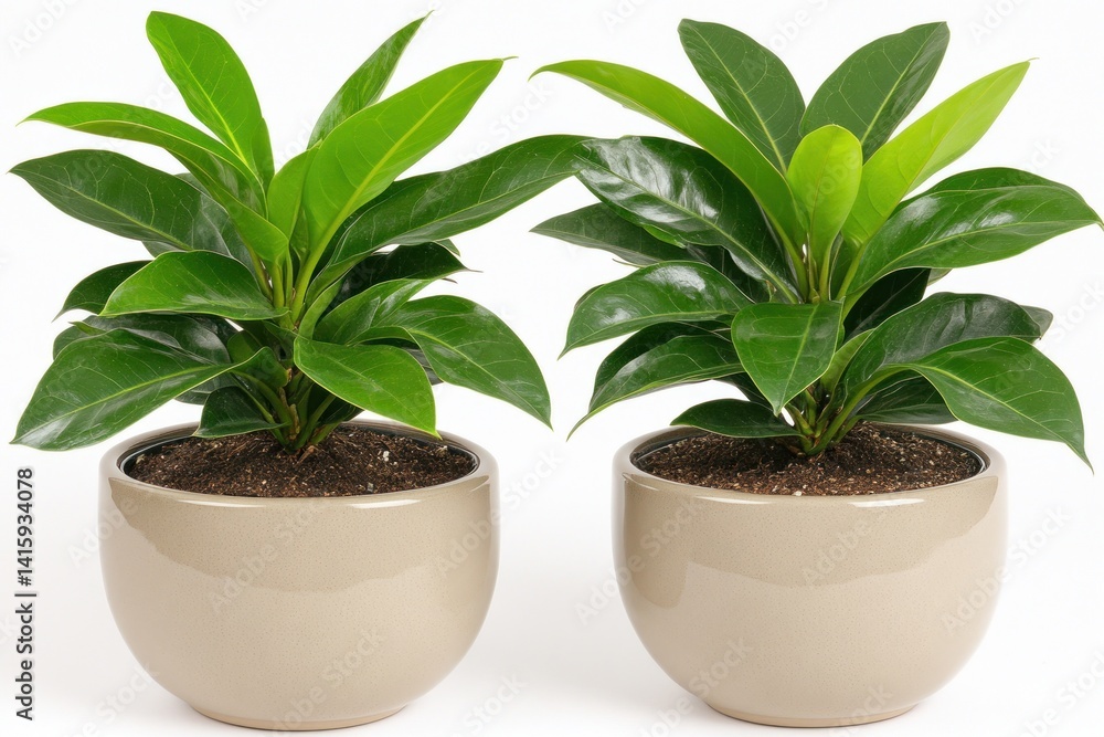 Obraz premium Two potted green plants with vibrant leaves in beige ceramic pots, isolated on white background.