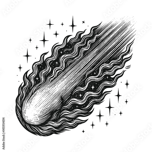 Hand-Drawn Illustration of a Comet in the Night Sky, drawn in an engraved, woodcut style with fine details sketch engraving vector illustration. Scratch board imitation. Black and white image.