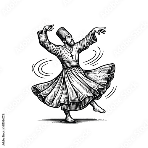 Hand-Drawn Illustration of a Sufi Whirling Dervish, drawn in an engraved, woodcut style with fine details sketch engraving vector illustration. Scratch board imitation. Black and white image. flat vec