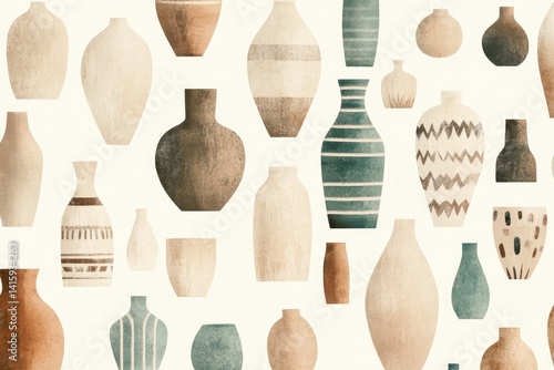 A collection of minimalist, textured vases in earthy tones and muted greens, arranged in a seamless pattern.