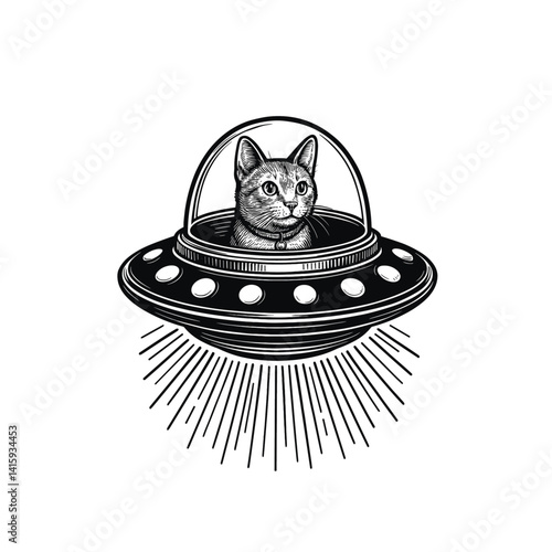 Vintage cat in a spaceship, drawn in an engraved, woodcut style with fine details sketch engraving vector illustration. Scratch board imitation. Black and white image. flat vector design