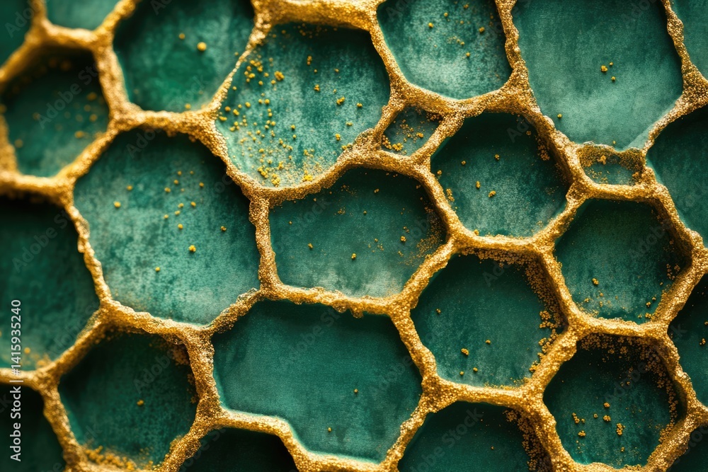 Close-up of a honeycomb structure with a teal background and gold accents. Close-up of a honeycomb structure with a teal background and gold accents.