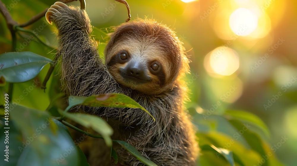Naklejka premium Baby Sloth Hanging From Vine With Jungle Light Behind, Adorable Stillness