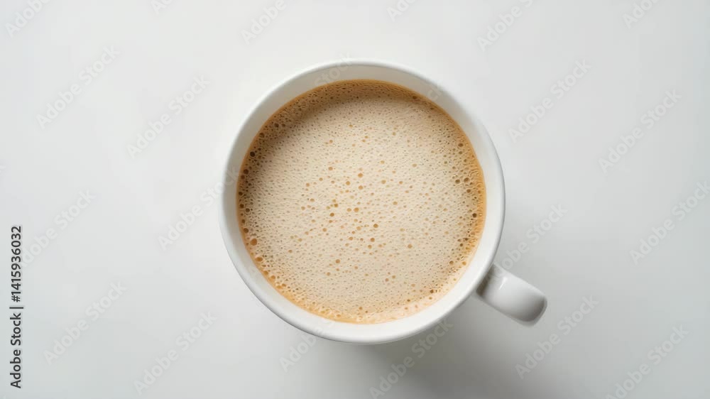 White cup with coffee or tea and milk on white background, top view. White cup with coffee or tea and milk on white background, top view.