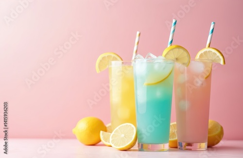Refreshing summer lemonade cocktails in pastel colors on pink backdrop. Drinks decorated with lemon slices and paper straws. Colorful beverages. Ideal for beverage promotions, party or summer events. photo