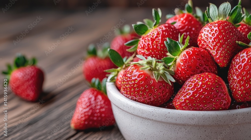 Fresh strawberries in a bowl on a rustic wooden table Fresh strawberries in a bowl on a rustic wooden table