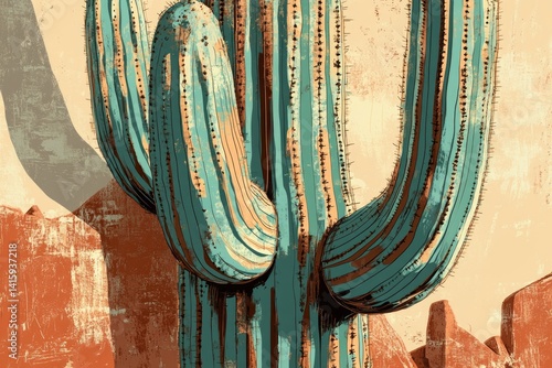 A stylized illustration of a saguaro cactus against a desert landscape, showcasing textured brushstrokes and earthy tones.