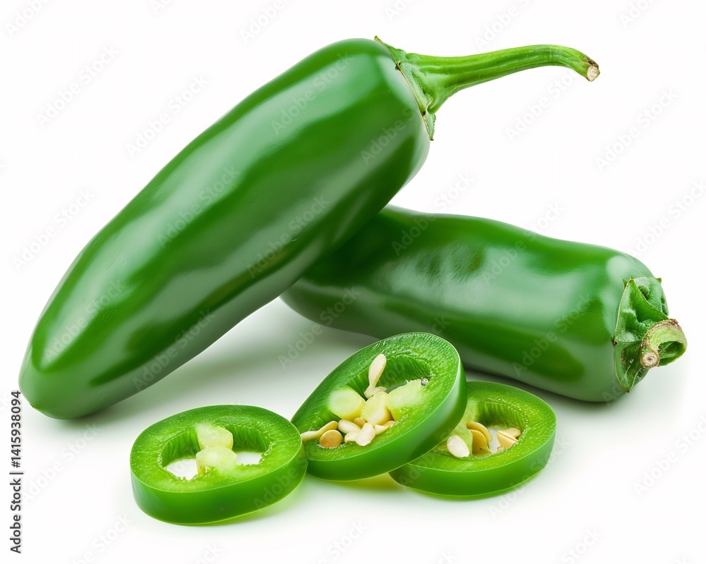 Green jalapeo peppers whole sliced vibrant color and spicy texture isolated on a white background