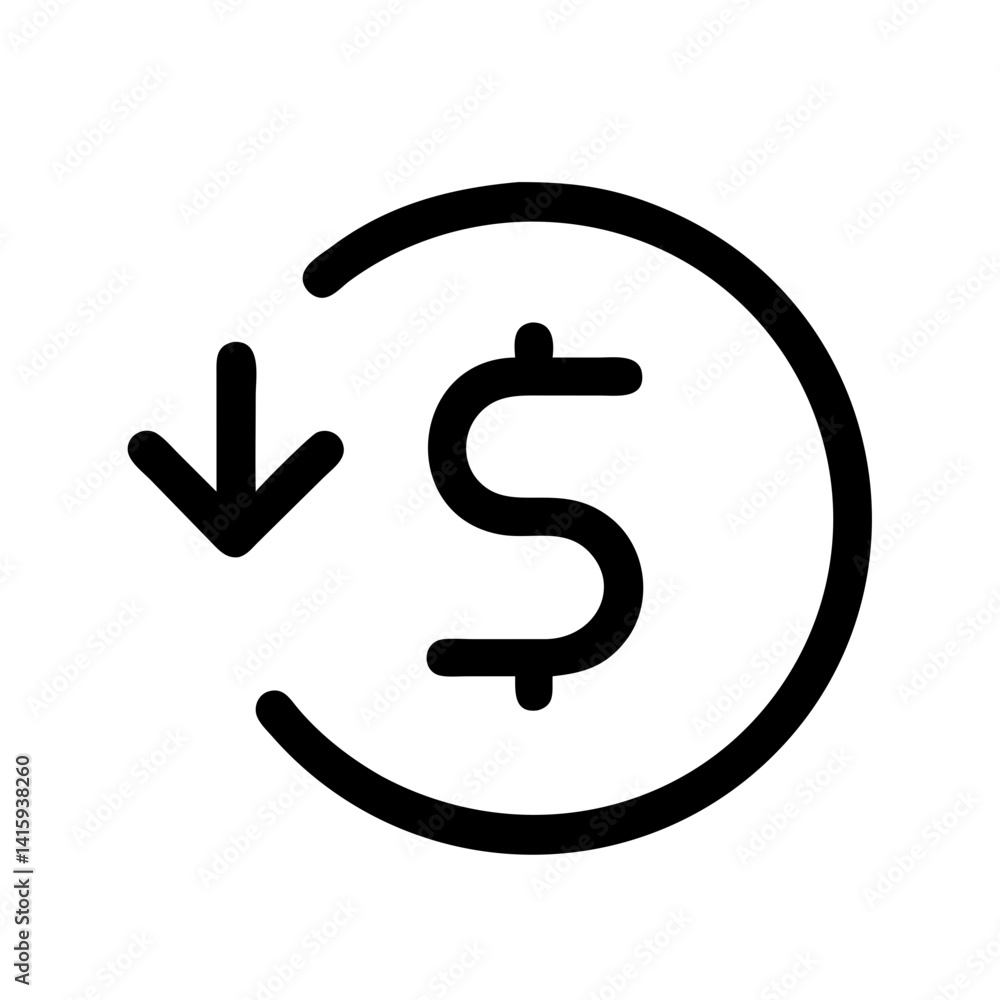 A clean refund arrow icon with a dollar symbol, perfect for representing return policies and money-back guarantees. A clean refund arrow icon with a dollar symbol, perfect for representing return policies and money-back guarantees.