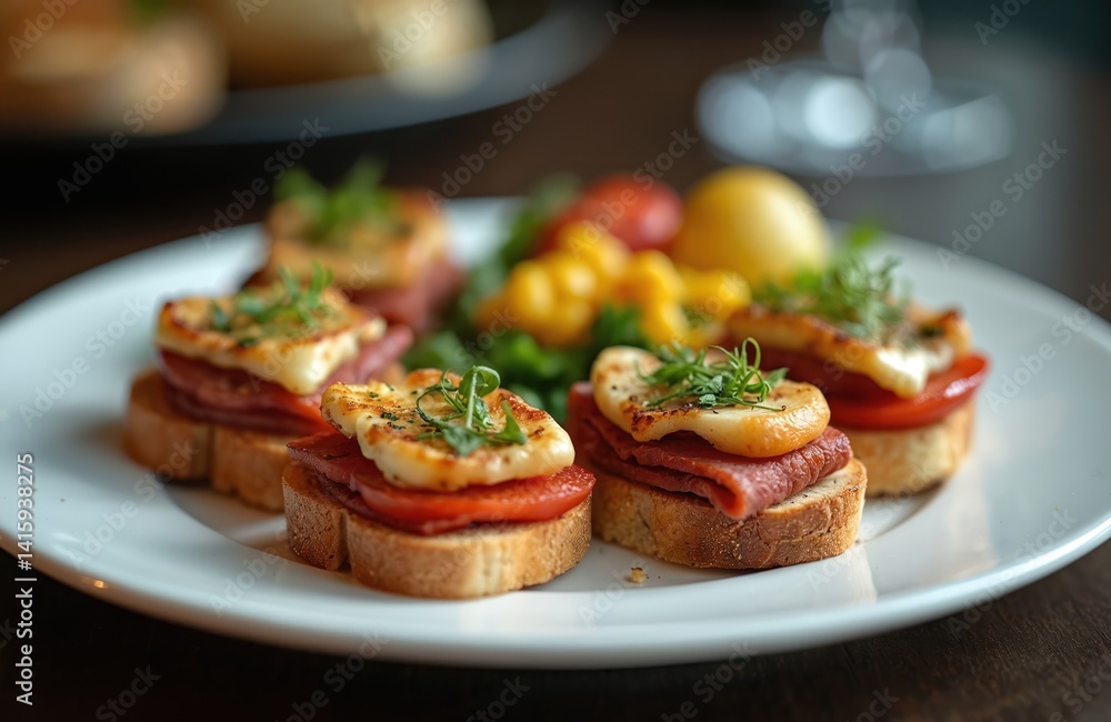 Close-up of appetizing bruschetta on plate. Bread slices with tomato, ham, fried cheese and herbs. Italian tapas, antipasto. Catering food, lunch meal. Restaurant, cafe, bar. Close-up of appetizing bruschetta on plate. Bread slices with tomato, ham, fried cheese and herbs. Italian tapas, antipasto. Catering food, lunch meal. Restaurant, cafe, bar.