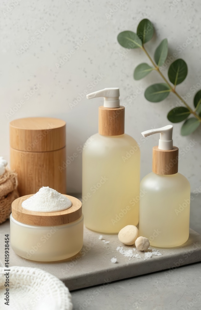 Eco-friendly spa cosmetics products collection in wooden and glass packaging on stone table. Organic skincare, bath beauty products. Skincare treatment concept, body care. Eco-friendly spa cosmetics products collection in wooden and glass packaging on stone table. Organic skincare, bath beauty products. Skincare treatment concept, body care.