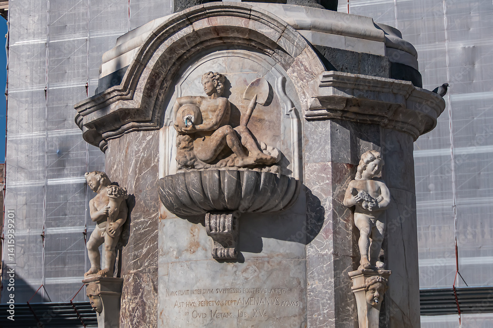 The Elephant Fountain (Fontana dell'Elefante, 1736) is a monument located in the center of Piazza del Duomo, symbol of the town. Catania, Sicily, Italy.