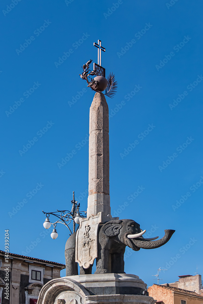 The Elephant Fountain (Fontana dell'Elefante, 1736) is a monument located in the center of Piazza del Duomo, symbol of the town. Catania, Sicily, Italy.