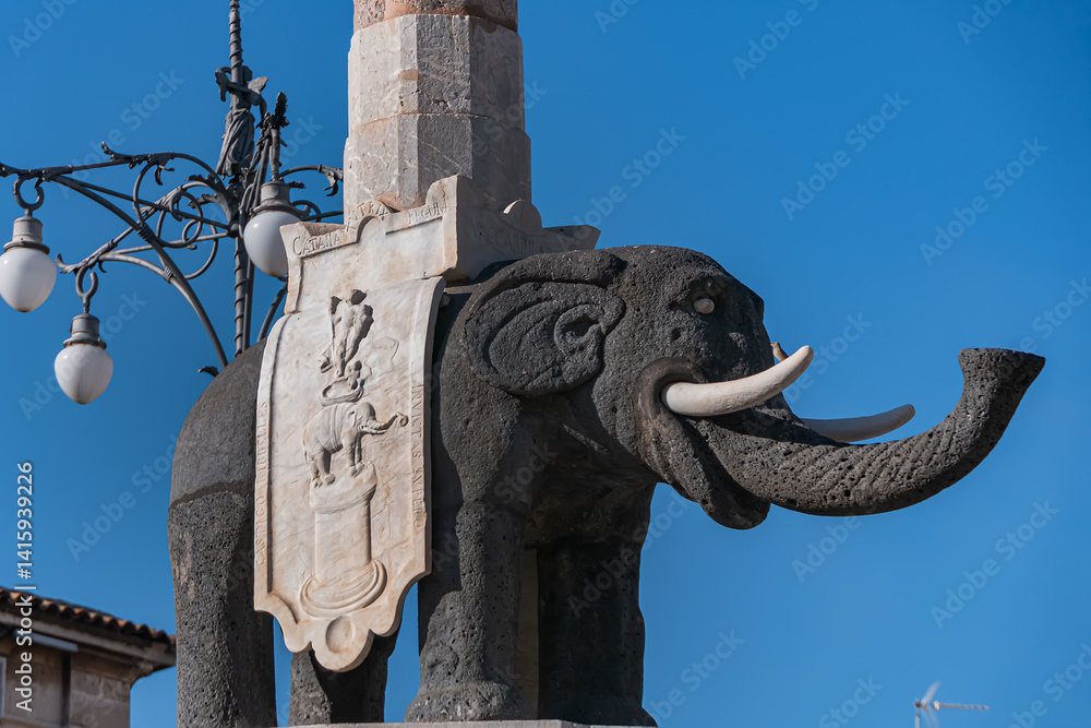 The Elephant Fountain (Fontana dell'Elefante, 1736) is a monument located in the center of Piazza del Duomo, symbol of the town. Catania, Sicily, Italy.