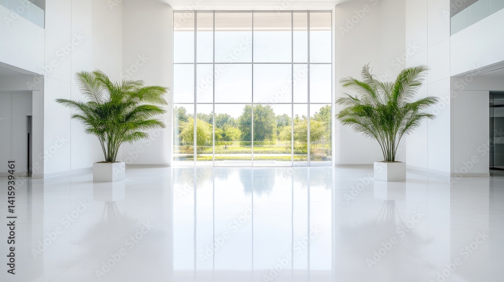Modern, minimalist interior hall with large windows overlooking a tranquil garden Modern, minimalist interior hall with large windows overlooking a tranquil garden