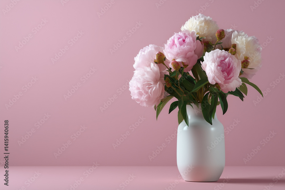 Bouquet of pink peonies in a white vase on a pink background. Bouquet of pink peonies in a white vase on a pink background.