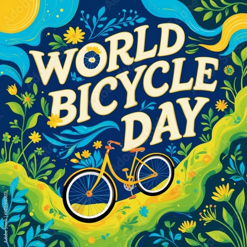 World Bicycle Day Celebration Poster with Floral and Nature Elements